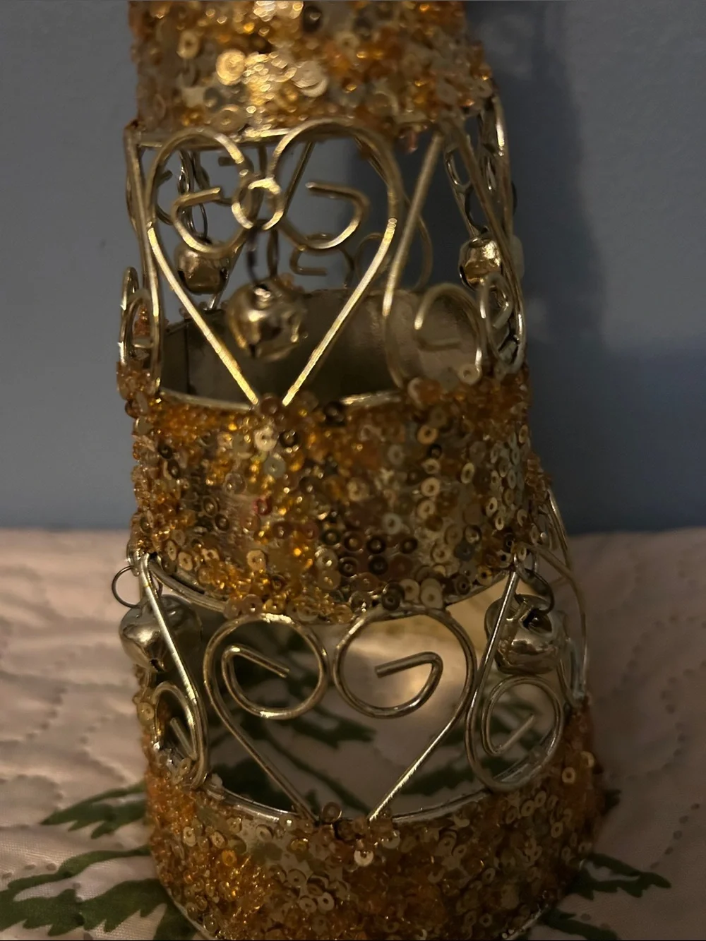 Gold -tone Christmas Tree with gold-tone Star, sequins , jungle bells, hearts